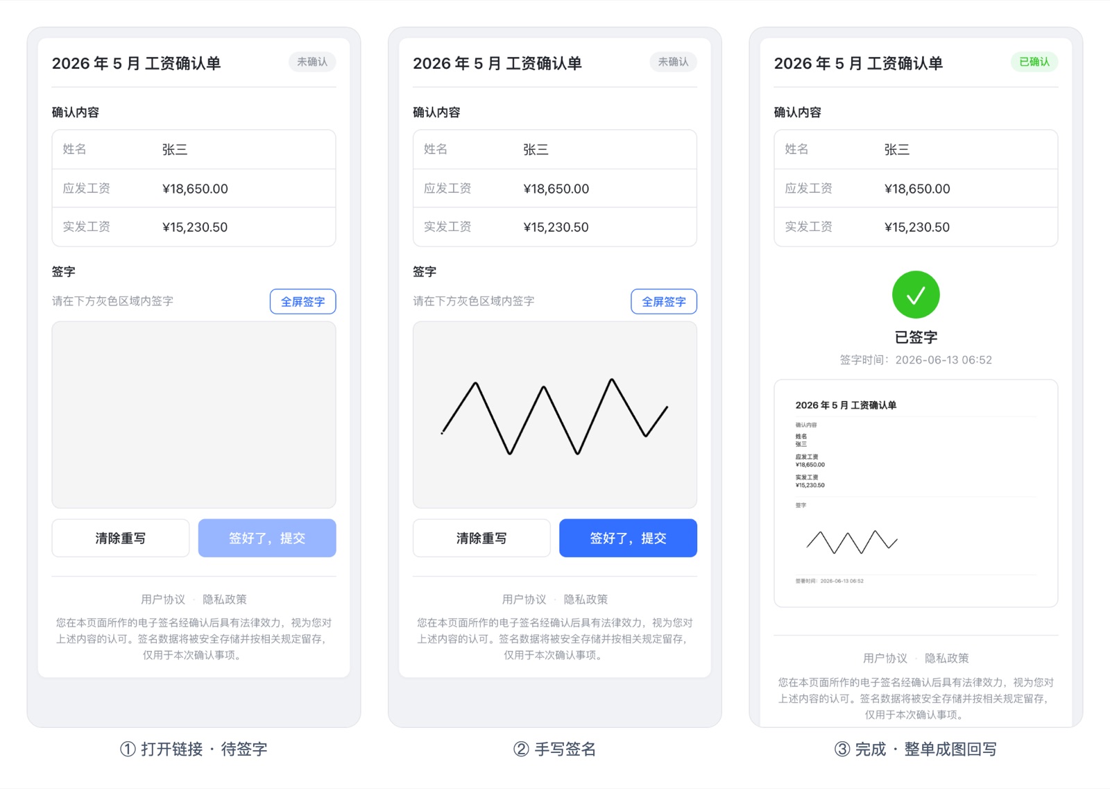 签字三步：打开链接、手写签名、完成