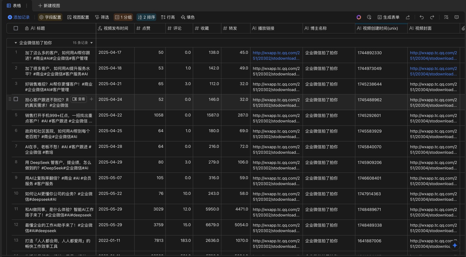 抓取完成的全量视频数据表